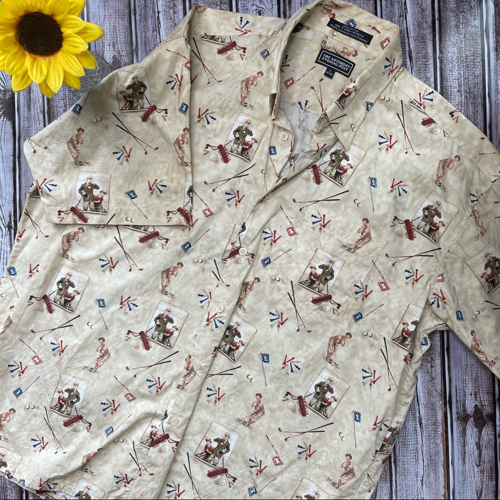 Saturday Evening Post mens tan golf print shirt size L(16/16 1/2)